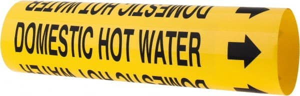 Made in USA - Pipe Marker with Domestic Hot Water Legend and Arrow Graphic - 2-1/2 to 3-1/4" Pipe Outside Diam, Black on Yellow - Exact Tooling