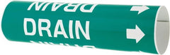 Made in USA - Pipe Marker with Drain Legend and Arrow Graphic - 2-1/2 to 3-1/4" Pipe Outside Diam, White on Green - Exact Tooling