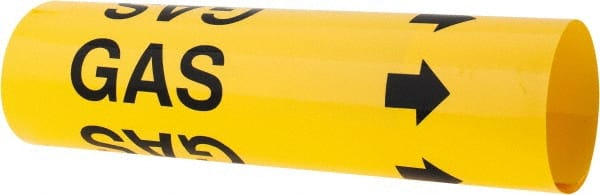 Made in USA - Pipe Marker with Gas Legend and Arrow Graphic - 2-1/2 to 3-1/4" Pipe Outside Diam, Black on Yellow - Exact Tooling