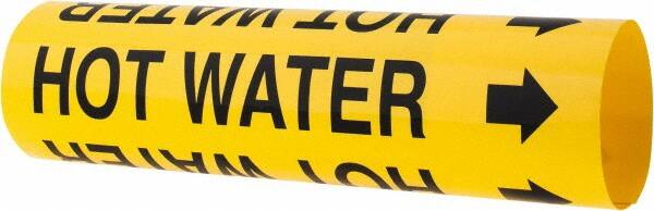 Made in USA - Pipe Marker with Hot Water Legend and Arrow Graphic - 2-1/2 to 3-1/4" Pipe Outside Diam, Black on Yellow - Exact Tooling