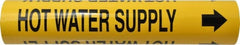 Made in USA - Pipe Marker with Hot Water Supply Legend and Arrow Graphic - 2-1/2 to 3-1/4" Pipe Outside Diam, Black on Yellow - Exact Tooling
