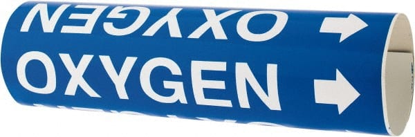 Made in USA - Pipe Marker with Oxygen Legend and Arrow Graphic - 2-1/2 to 3-1/4" Pipe Outside Diam, White on Blue - Exact Tooling