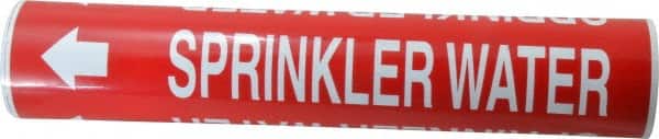 Made in USA - Pipe Marker with Water Sprinkler Legend and Arrow Graphic - 2-1/2 to 3-1/4" Pipe Outside Diam, White on Red - Exact Tooling