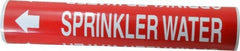 Made in USA - Pipe Marker with Water Sprinkler Legend and Arrow Graphic - 2-1/2 to 3-1/4" Pipe Outside Diam, White on Red - Exact Tooling