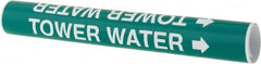 Made in USA - Pipe Marker with Tower Water Legend and Arrow Graphic - 2-1/2 to 3-1/4" Pipe Outside Diam, White on Green - Exact Tooling
