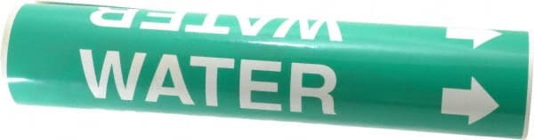 Made in USA - Pipe Marker with Water Legend and Arrow Graphic - 2-1/2 to 3-1/4" Pipe Outside Diam, White on Green - Exact Tooling