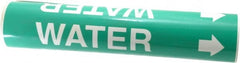Made in USA - Pipe Marker with Water Legend and Arrow Graphic - 2-1/2 to 3-1/4" Pipe Outside Diam, White on Green - Exact Tooling