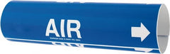 Made in USA - Pipe Marker with Air Legend and Arrow Graphic - 3-3/8 to 4-1/2" Pipe Outside Diam, White on Blue - Exact Tooling