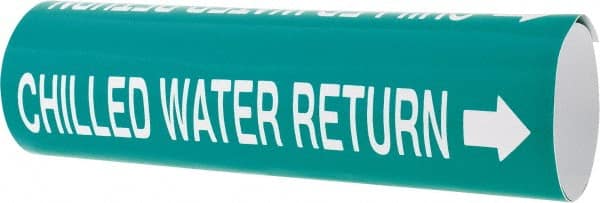 Made in USA - Pipe Marker with Chilled Water Return Legend and Arrow Graphic - 3-3/8 to 4-1/2" Pipe Outside Diam, White on Green - Exact Tooling