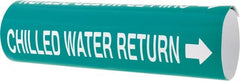 Made in USA - Pipe Marker with Chilled Water Return Legend and Arrow Graphic - 3-3/8 to 4-1/2" Pipe Outside Diam, White on Green - Exact Tooling