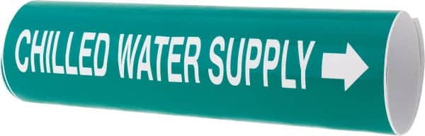 Made in USA - Pipe Marker with Chilled Water Supply Legend and Arrow Graphic - 3-3/8 to 4-1/2" Pipe Outside Diam, White on Green - Exact Tooling