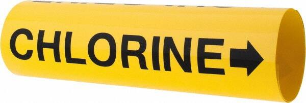 Made in USA - Pipe Marker with Chlorine Legend and Arrow Graphic - 3-3/8 to 4-1/2" Pipe Outside Diam, Black on Yellow - Exact Tooling
