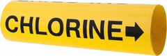 Made in USA - Pipe Marker with Chlorine Legend and Arrow Graphic - 3-3/8 to 4-1/2" Pipe Outside Diam, Black on Yellow - Exact Tooling