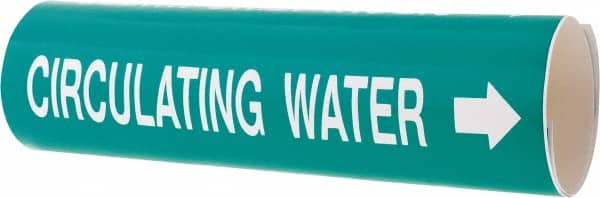 Made in USA - Pipe Marker with Circulating Water Legend and Arrow Graphic - 3-3/8 to 4-1/2" Pipe Outside Diam, White on Green - Exact Tooling
