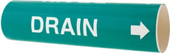 Made in USA - Pipe Marker with Drain Legend and Arrow Graphic - 3-3/8 to 4-1/2" Pipe Outside Diam, White on Green - Exact Tooling