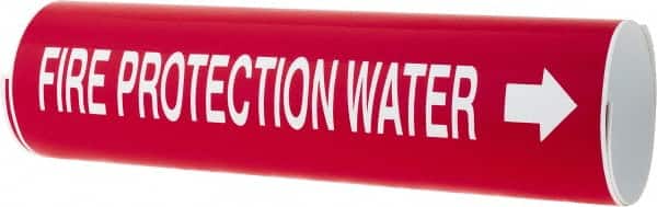 Made in USA - Pipe Marker with Fire Protection Water Legend and Arrow Graphic - 3-3/8 to 4-1/2" Pipe Outside Diam, White on Red - Exact Tooling
