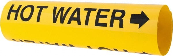Made in USA - Pipe Marker with Hot Water Legend and Arrow Graphic - 3-3/8 to 4-1/2" Pipe Outside Diam, Black on Yellow - Exact Tooling