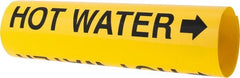 Made in USA - Pipe Marker with Hot Water Legend and Arrow Graphic - 3-3/8 to 4-1/2" Pipe Outside Diam, Black on Yellow - Exact Tooling