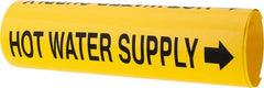 Made in USA - Pipe Marker with Hot Water Supply Legend and Arrow Graphic - 3-3/8 to 4-1/2" Pipe Outside Diam, Black on Yellow - Exact Tooling