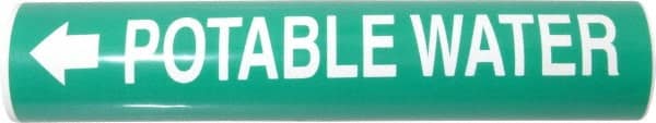Made in USA - Pipe Marker with Potable Water Legend and Arrow Graphic - 3-3/8 to 4-1/2" Pipe Outside Diam, White on Green - Exact Tooling