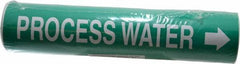 Made in USA - Pipe Marker with Process Water Legend and Arrow Graphic - 3-3/8 to 4-1/2" Pipe Outside Diam, White on Green - Exact Tooling