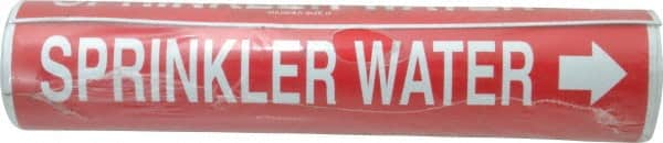 Made in USA - Pipe Marker with Water Sprinkler Legend and Arrow Graphic - 3-3/8 to 4-1/2" Pipe Outside Diam, White on Red - Exact Tooling