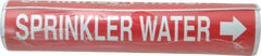 Made in USA - Pipe Marker with Water Sprinkler Legend and Arrow Graphic - 3-3/8 to 4-1/2" Pipe Outside Diam, White on Red - Exact Tooling