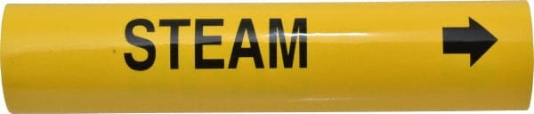 Made in USA - Pipe Marker with Steam Legend and Arrow Graphic - 3-3/8 to 4-1/2" Pipe Outside Diam, Black on Yellow - Exact Tooling