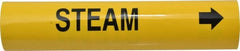 Made in USA - Pipe Marker with Steam Legend and Arrow Graphic - 3-3/8 to 4-1/2" Pipe Outside Diam, Black on Yellow - Exact Tooling