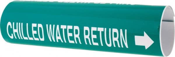 Made in USA - Pipe Marker with Chilled Water Return Legend and Arrow Graphic - 4-5/8 to 5-7/8" Pipe Outside Diam, White on Green - Exact Tooling