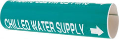 Made in USA - Pipe Marker with Chilled Water Supply Legend and Arrow Graphic - 4-5/8 to 5-7/8" Pipe Outside Diam, White on Green - Exact Tooling