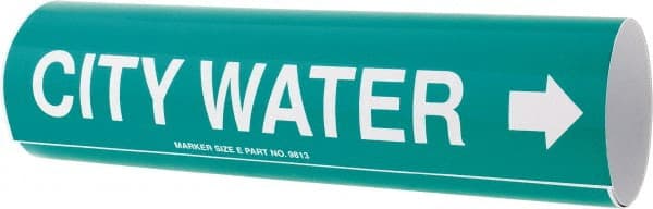 Made in USA - Pipe Marker with City Water Legend and Arrow Graphic - 4-5/8 to 5-7/8" Pipe Outside Diam, White on Green - Exact Tooling