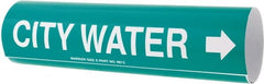 Made in USA - Pipe Marker with City Water Legend and Arrow Graphic - 4-5/8 to 5-7/8" Pipe Outside Diam, White on Green - Exact Tooling