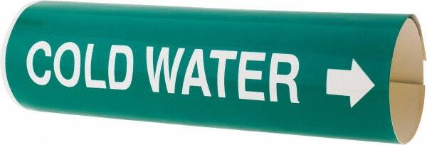 Made in USA - Pipe Marker with Cold Water Legend and Arrow Graphic - 4-5/8 to 5-7/8" Pipe Outside Diam, White on Green - Exact Tooling
