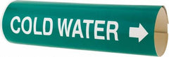 Made in USA - Pipe Marker with Cold Water Legend and Arrow Graphic - 4-5/8 to 5-7/8" Pipe Outside Diam, White on Green - Exact Tooling