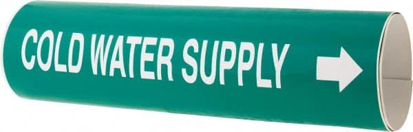 Made in USA - Pipe Marker with Cold Water Supply Legend and Arrow Graphic - 4-5/8 to 5-7/8" Pipe Outside Diam, White on Green - Exact Tooling