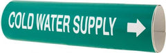Made in USA - Pipe Marker with Cold Water Supply Legend and Arrow Graphic - 4-5/8 to 5-7/8" Pipe Outside Diam, White on Green - Exact Tooling