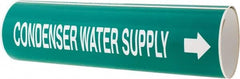 Made in USA - Pipe Marker with Condenser Water Supply Legend and Arrow Graphic - 4-5/8 to 5-7/8" Pipe Outside Diam, White on Green - Exact Tooling