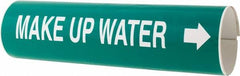 Made in USA - Pipe Marker with Make-Up Water Legend and Arrow Graphic - 4-5/8 to 5-7/8" Pipe Outside Diam, White on Green - Exact Tooling