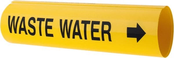 Made in USA - Pipe Marker with Waste Water Legend and Arrow Graphic - 4-5/8 to 5-7/8" Pipe Outside Diam, Black on Yellow - Exact Tooling
