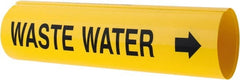 Made in USA - Pipe Marker with Waste Water Legend and Arrow Graphic - 4-5/8 to 5-7/8" Pipe Outside Diam, Black on Yellow - Exact Tooling
