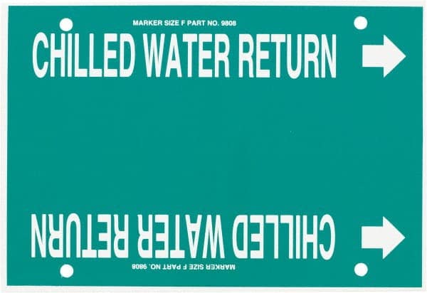 Made in USA - Pipe Marker with Chilled Water Return Legend and Arrow Graphic - 6 to 8" Pipe Outside Diam, White on Green - Exact Tooling