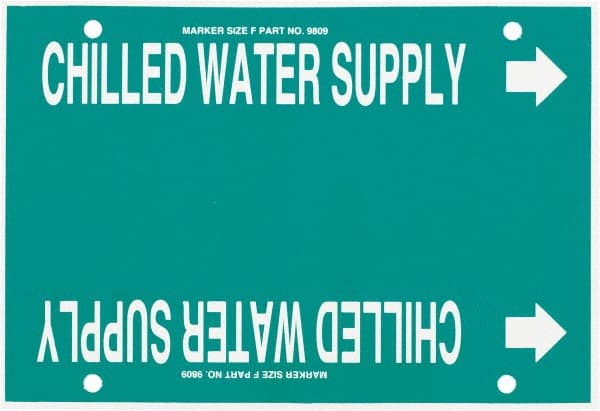 Made in USA - Pipe Marker with Chilled Water Supply Legend and Arrow Graphic - 6 to 8" Pipe Outside Diam, White on Green - Exact Tooling