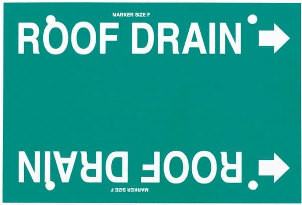 Made in USA - Pipe Marker with Roof Drain Legend and Arrow Graphic - 6 to 8" Pipe Outside Diam, White on Green - Exact Tooling