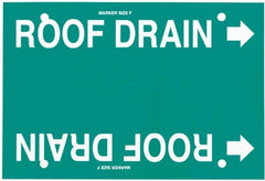 Made in USA - Pipe Marker with Roof Drain Legend and Arrow Graphic - 6 to 8" Pipe Outside Diam, White on Green - Exact Tooling
