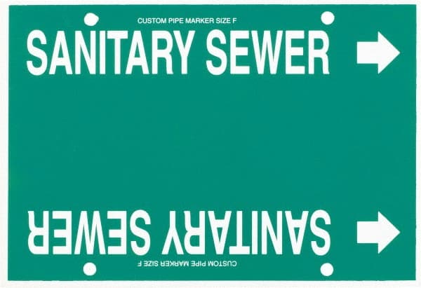 Made in USA - Pipe Marker with Sanitary Sewer Legend and Arrow Graphic - 6 to 8" Pipe Outside Diam, White on Green - Exact Tooling
