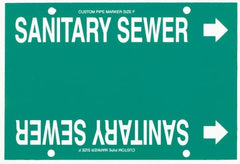 Made in USA - Pipe Marker with Sanitary Sewer Legend and Arrow Graphic - 6 to 8" Pipe Outside Diam, White on Green - Exact Tooling