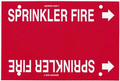 Made in USA - Pipe Marker with Fire Sprinkler Legend and Arrow Graphic - 6 to 8" Pipe Outside Diam, White on Red - Exact Tooling