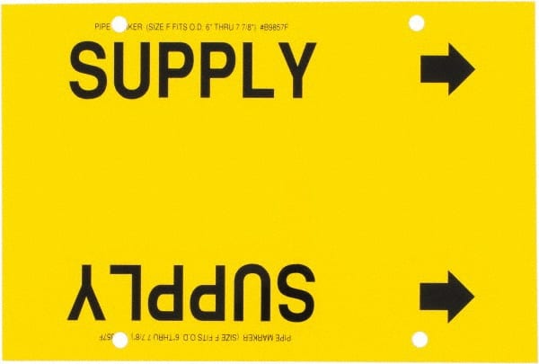 Made in USA - Pipe Marker with Supply Legend and Arrow Graphic - 6 to 8" Pipe Outside Diam, Black on Yellow - Exact Tooling