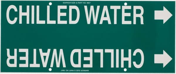 Made in USA - Pipe Marker with Chilled Water Legend and Arrow Graphic - 8 to 10" Pipe Outside Diam, White on Green - Exact Tooling